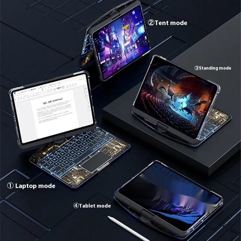 Transparent rotating keyboard protective case for Apple iPad Air 5 with integrated wireless keyboard and stand.