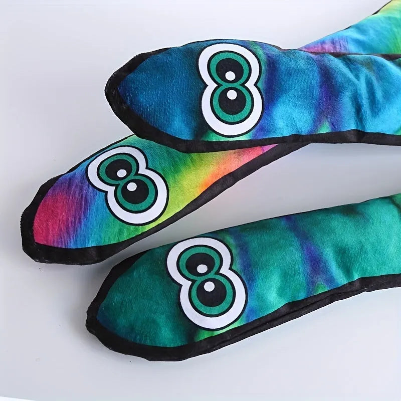 Snake-shaped multicolour stripe print plush squeaky dog toy for chewing and interactive play