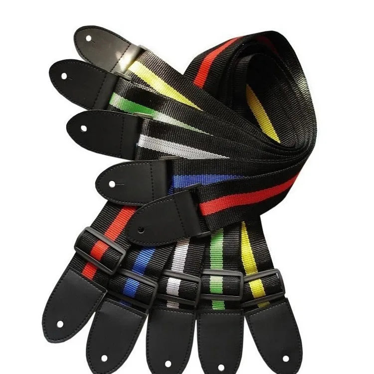 Woven crossbody instrument strap for guitars and ukuleles shown in multiple colour options.