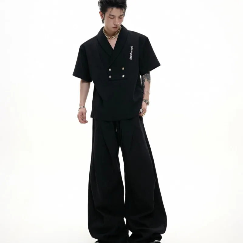 Men's dark gray cotton sports suit with metal embellished padded shoulders and V-neck short sleeve jacket with matching shorts