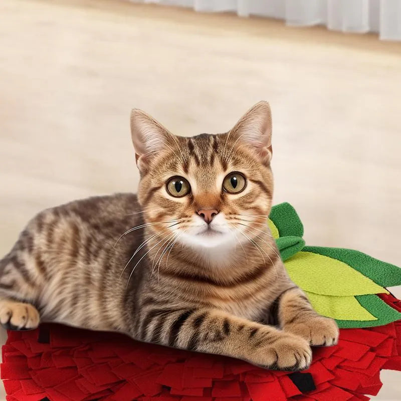 Red and green strawberry-shaped pet foraging mat for dogs and cats with multiple hiding spots
