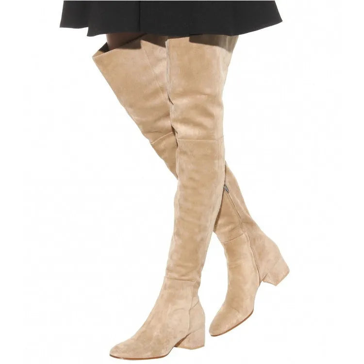 Women's grey suede over-the-knee flat boots with pointed toe and low block heel