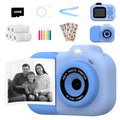 Blue children's digital camera toy with video recording, photo, and game functions on a white background.