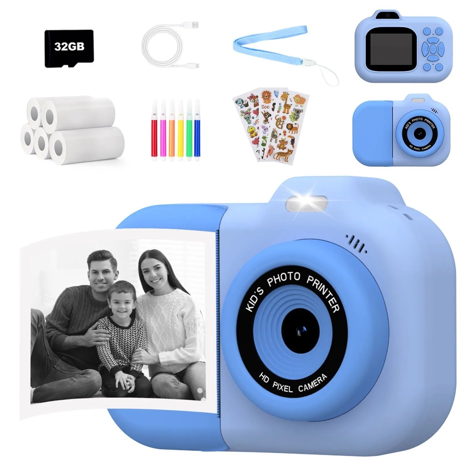 Blue children's digital camera toy with video recording, photo, and game functions on a white background.
