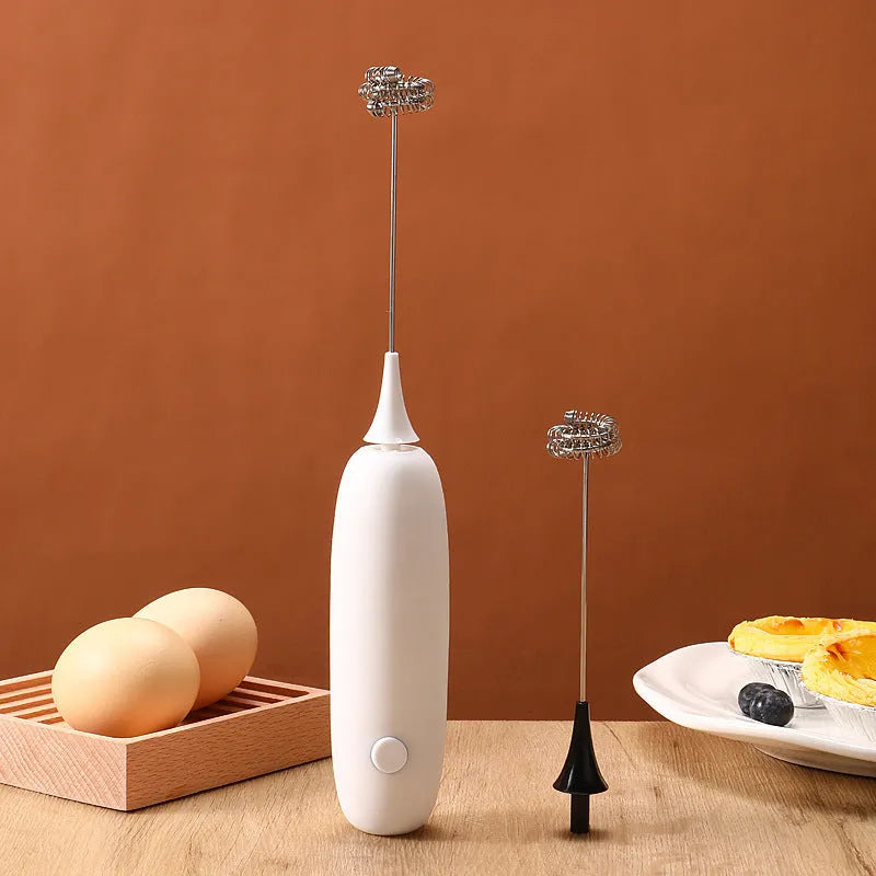 Black and white handheld electric milk frother blender with modern design