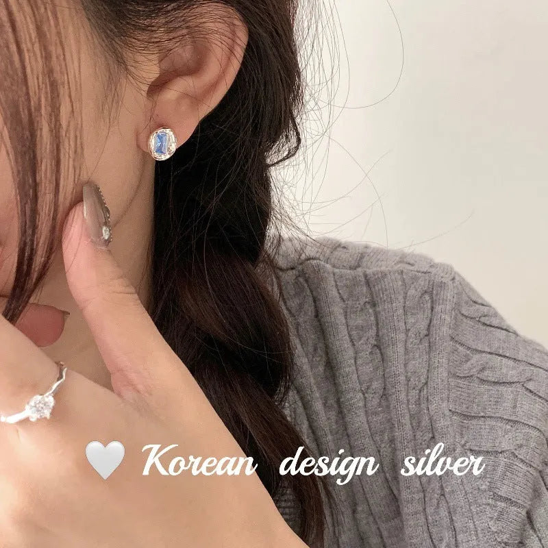 S925 sterling silver oval blue diamond heart-wrapped earrings for women silver colour geometric drop earrings