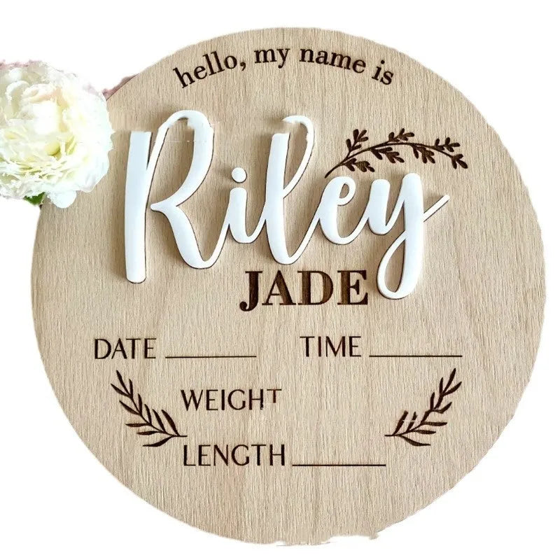Square wooden baby name plaque with birth details, 15cm by 15cm, in three style options.