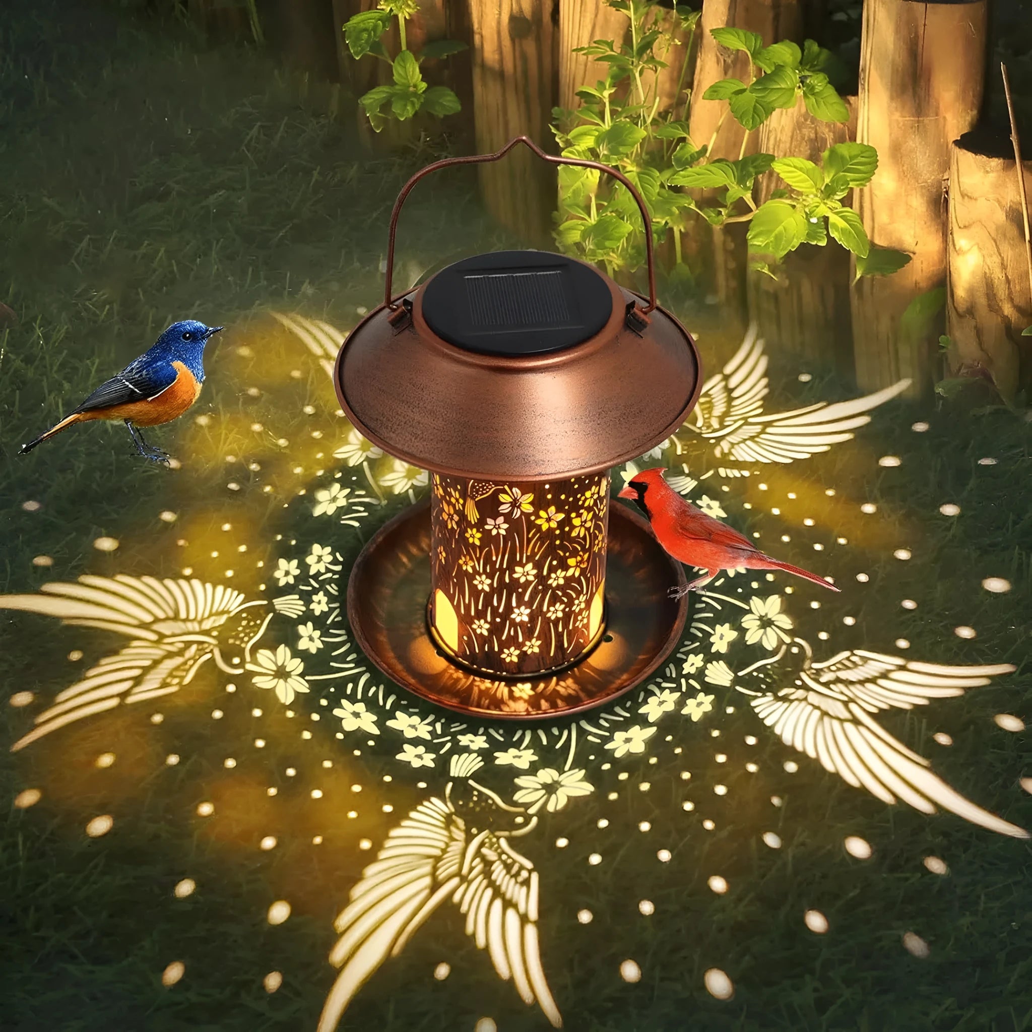 Solar-powered bird feeder lamp with hummingbird pattern iron art design for outdoor garden use