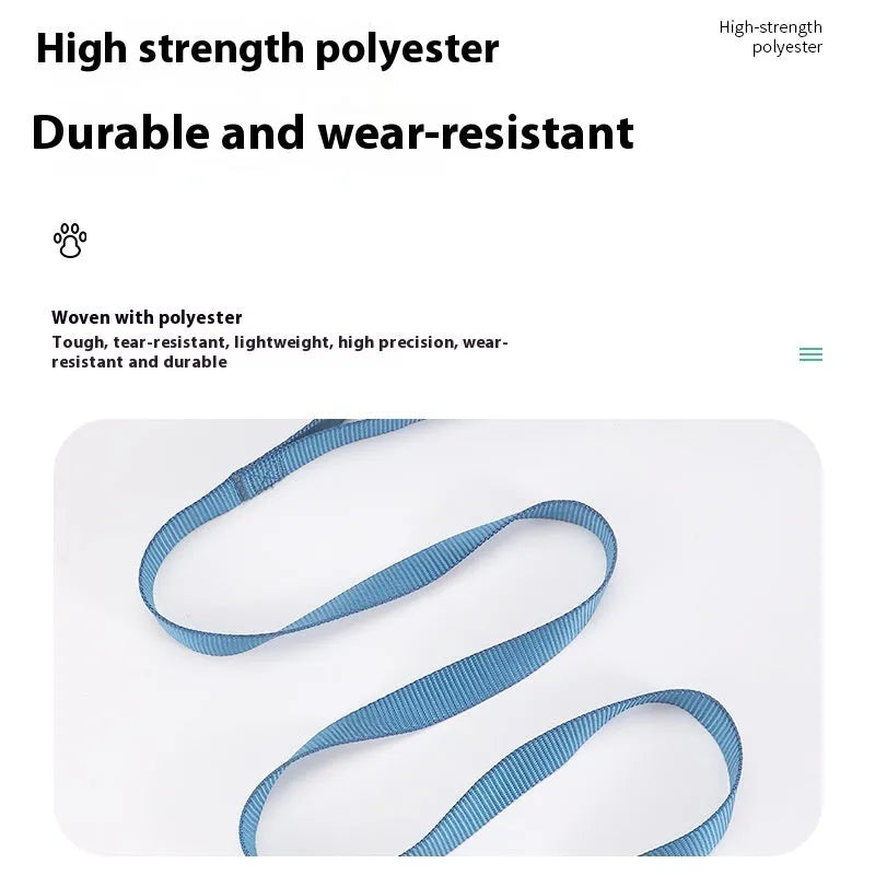 Solid colour polyester dog tug-of-war rope toy shown in blue, with hand loops, for interactive play with pets.