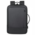 Black or grey waterproof oxford cloth backpack with curved shoulder straps showing 20-35 litre capacity