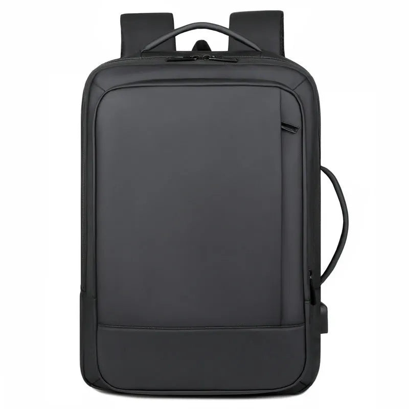 Black or grey waterproof oxford cloth backpack with curved shoulder straps showing 20-35 litre capacity