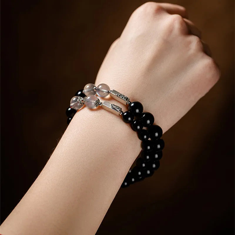 Black obsidian Buddha beads couple bracelet DIY set with 8mm and 10mm sizing