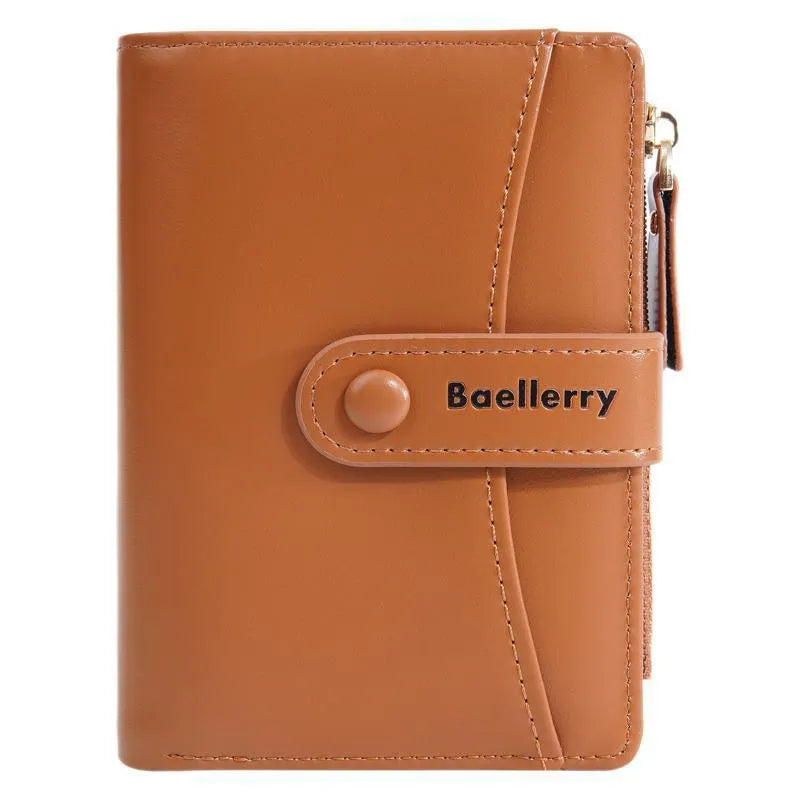 Women's short PU wallet in brown with RFID blocking card slots on neutral background