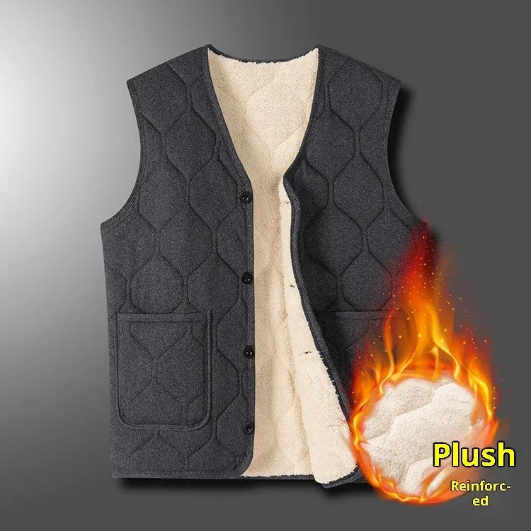 Men's fleece-lined thick cotton blend vest in solid colour cardigan style, black version, size M-4XL