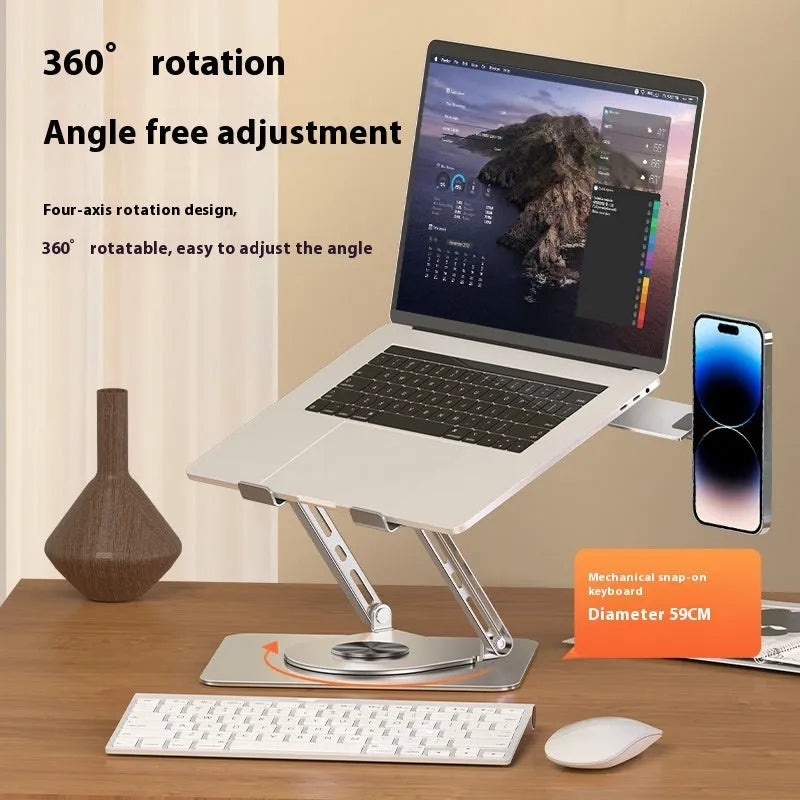 Silver carbon steel laptop stand with side-mounted magnetic phone holder on rotatable base