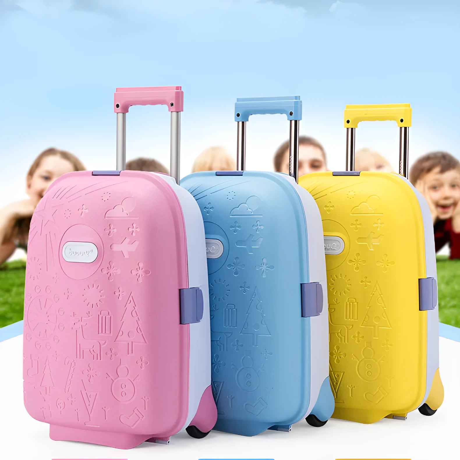 16-inch mini cartoon hard shell suitcase in printed blue with telescopic handle and single-directional wheel