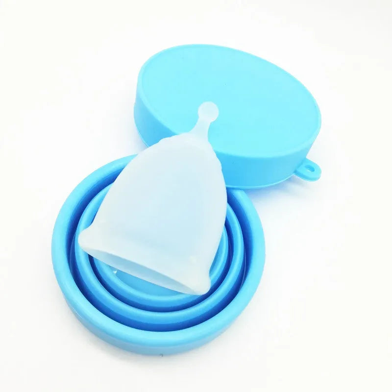 Medical grade silicone menstrual cup in black with two sizes L and S shown side by side