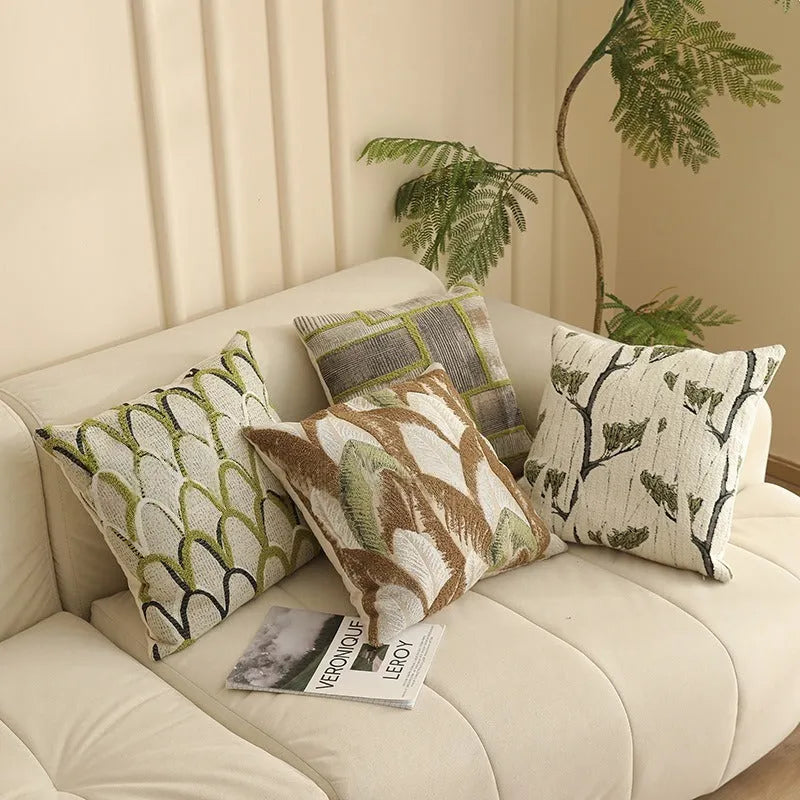 Square Jacquard pillow cover with detailed retro floral pattern on a grey sofa, showing 45x45cm size.