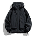 Men's black waterproof windproof hooded jacket on a hanger
