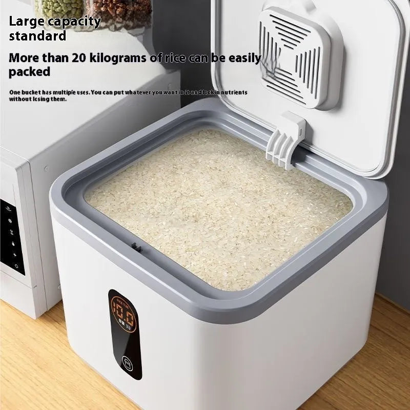 Grey plastic insect-proof rice storage jar with a measuring cup, shown in different size options.