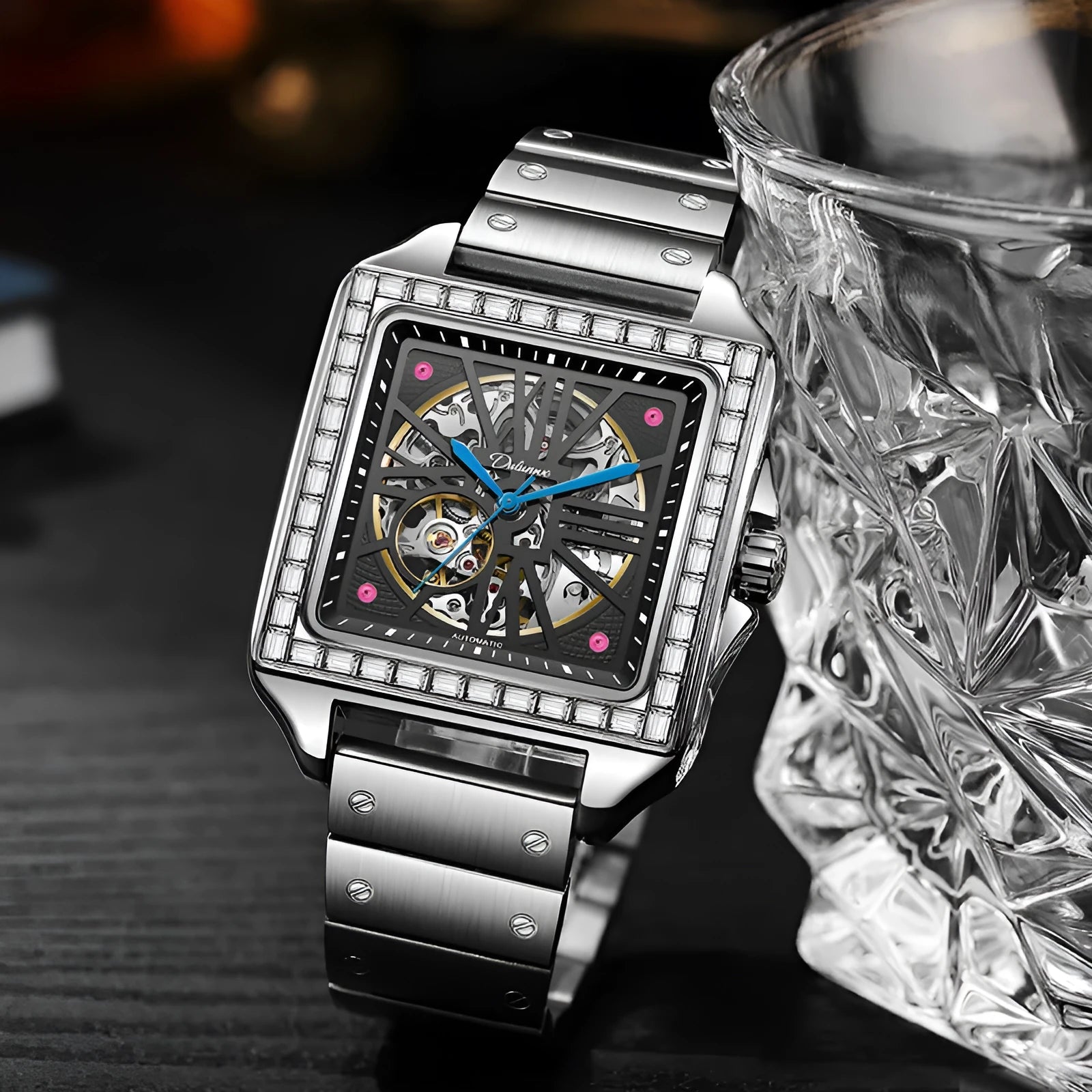 Men's square automatic watch with diamond-studded dial on a black leather strap.