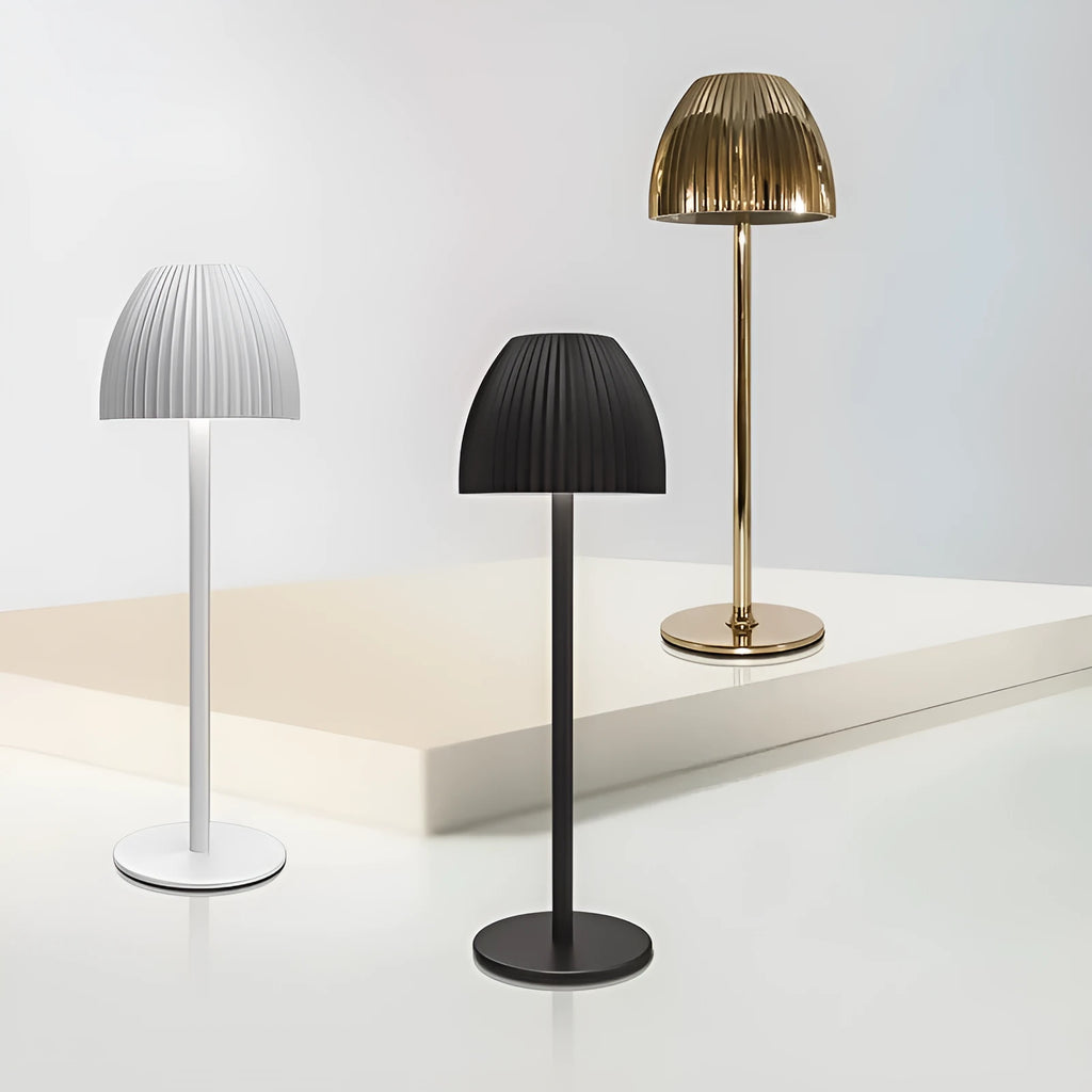 Modern dimmable night lamp with thin round base in black or white, USB rechargeable for bedroom and dining room