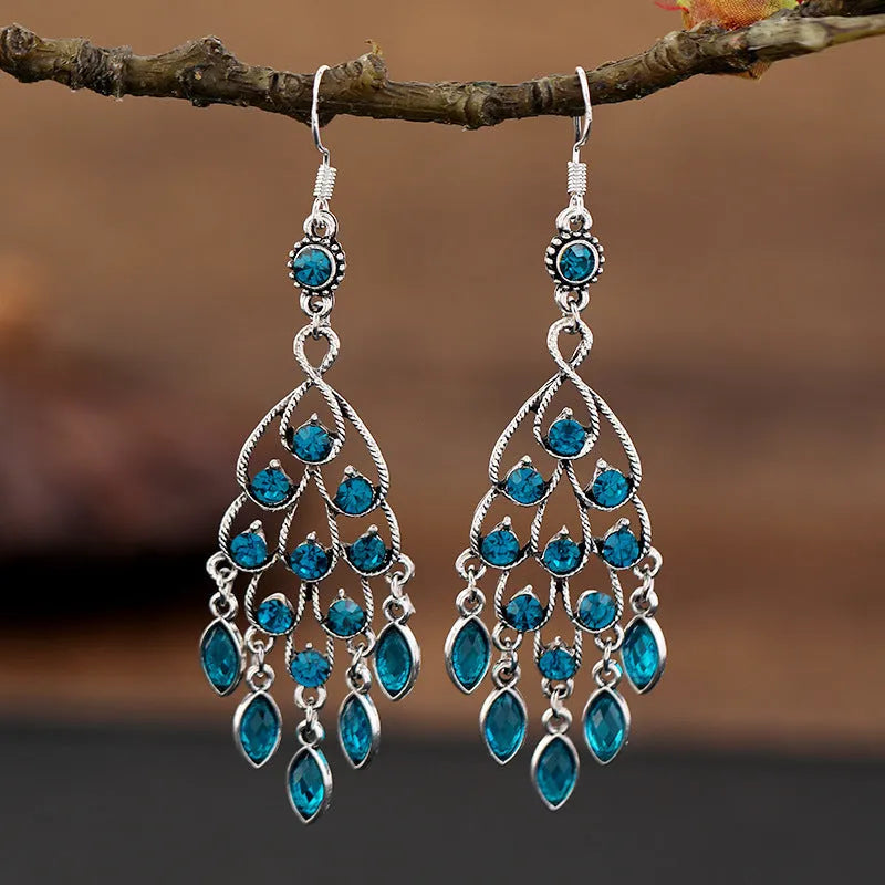 Retro court crystal long fringe earrings in Smart Water Drop Purple colour showing drop shape and ethnic style design