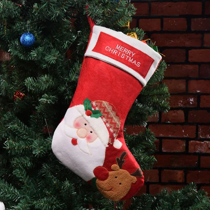 Non-woven fabric Christmas stocking decorations in Elk, Old Man, and Snowman designs.