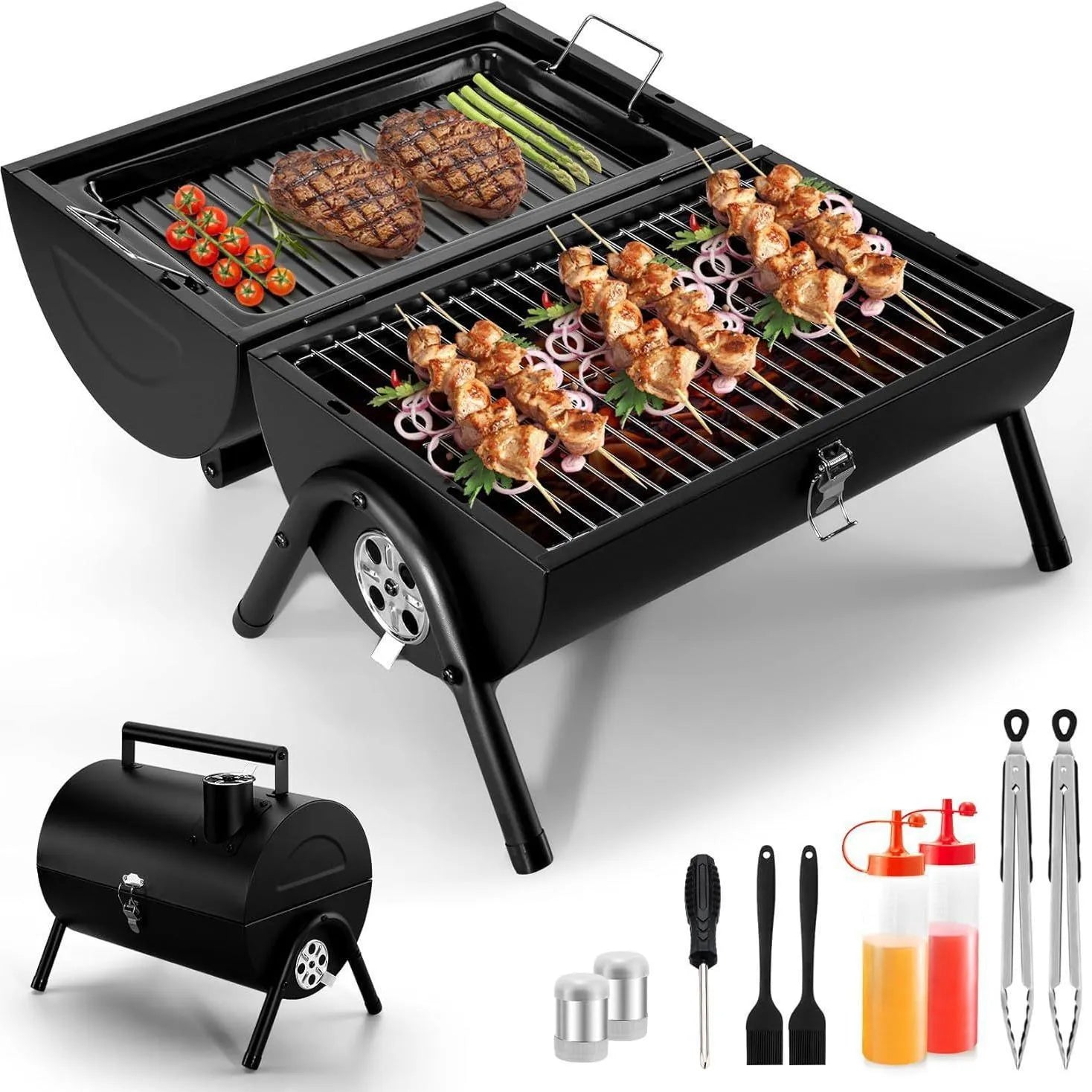 Small portable folding charcoal barbecue stove with grill for desktop use