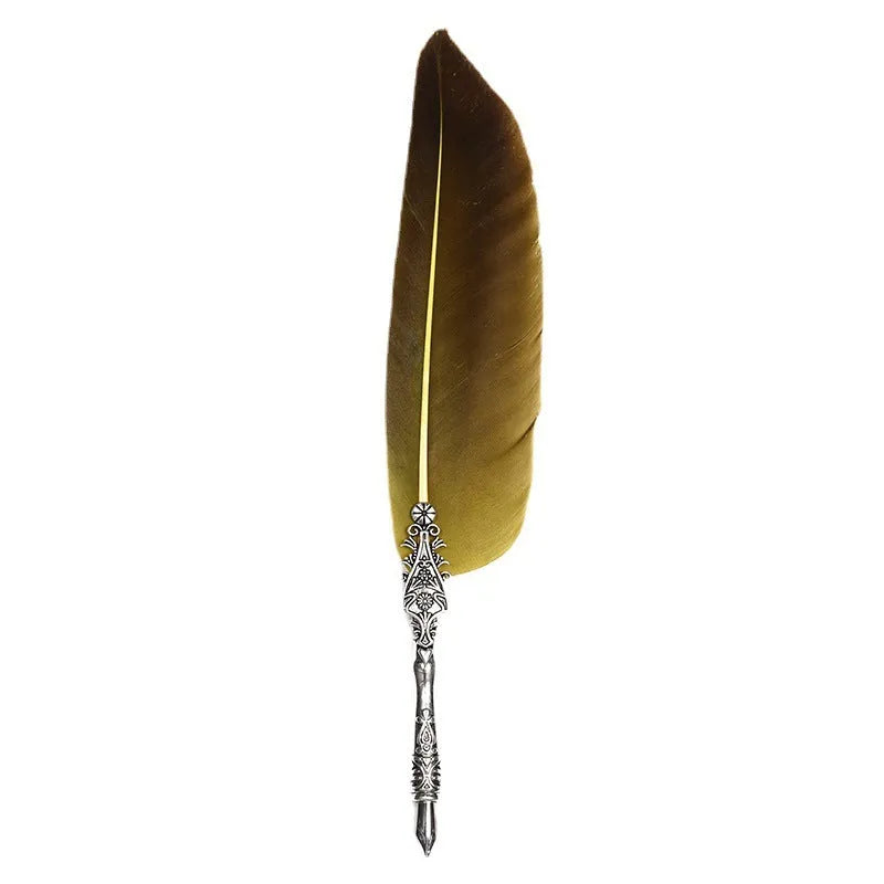 Vintage feather dip pen with zinc alloy body in ten colour options on cardboard packaging.