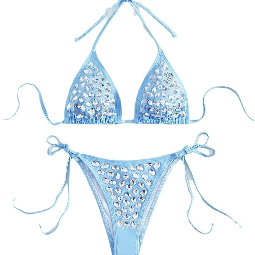 Women's sky blue split bikini swimsuit with Great Diamond pattern, backless, high-elasticity nylon, sizes S M L