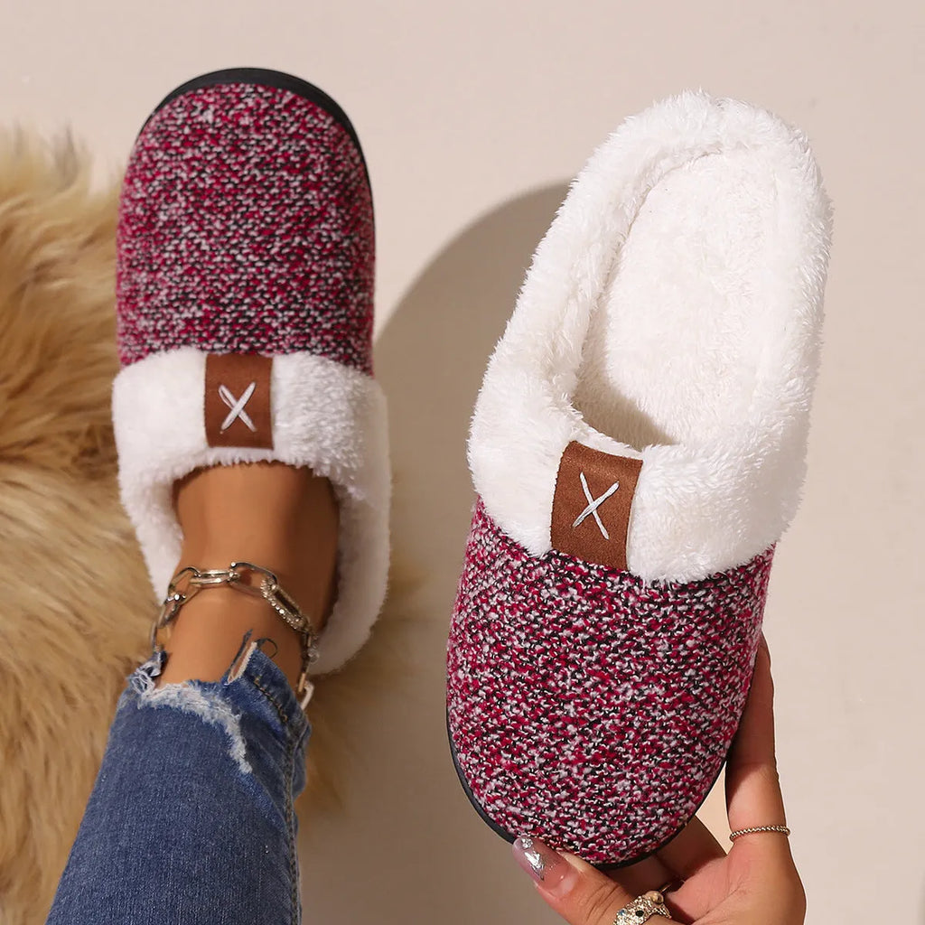 Winter plush slippers with thick bottom and round toe, unisex indoor house shoes in burgundy color