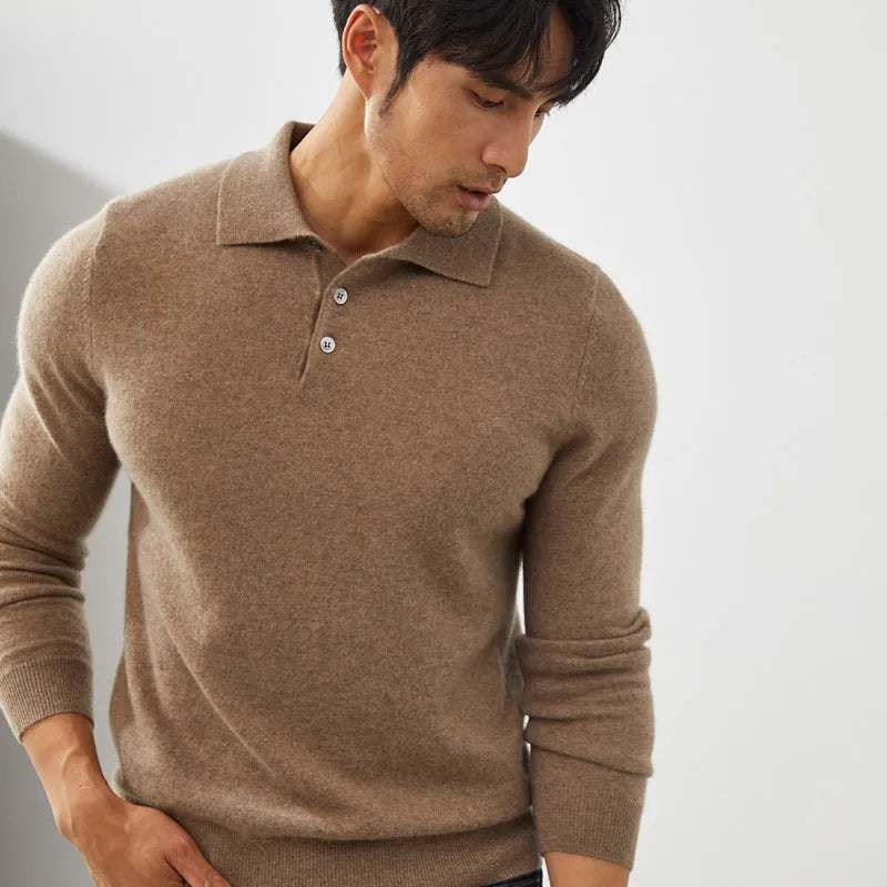 Men's cashmere polo collar pullover sweater in loose fit with short sleeves