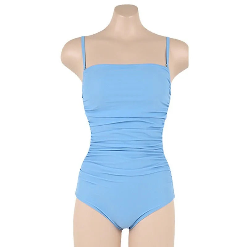 Blue women's one-piece swimsuit with sling neck and pleated front on a mannequin