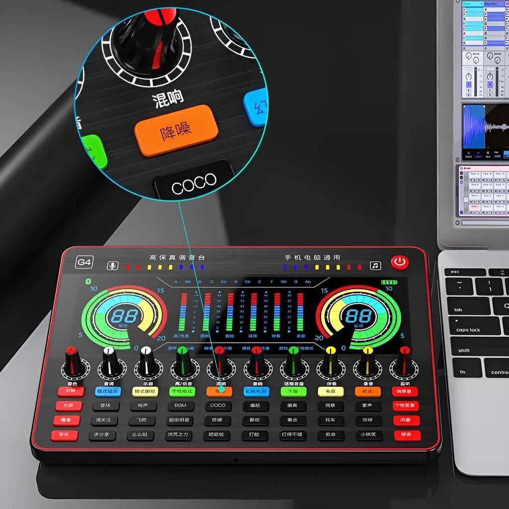 G4 professional sound card mixer with LCD screen, microphone, and remote control for live streaming.