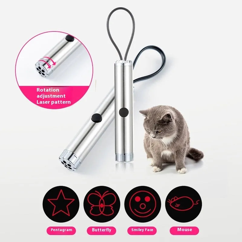 Silver stainless steel laser pen cat toy with four light spot patterns
