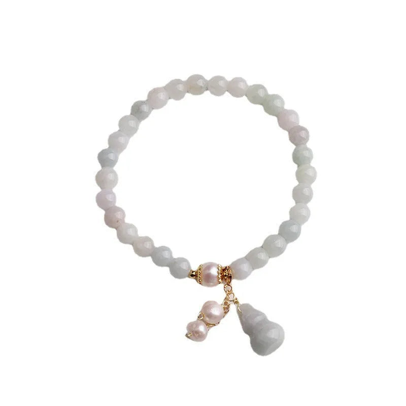 Handmade Chinese style jade bracelet with emerald colour, gourd design and pearl accents