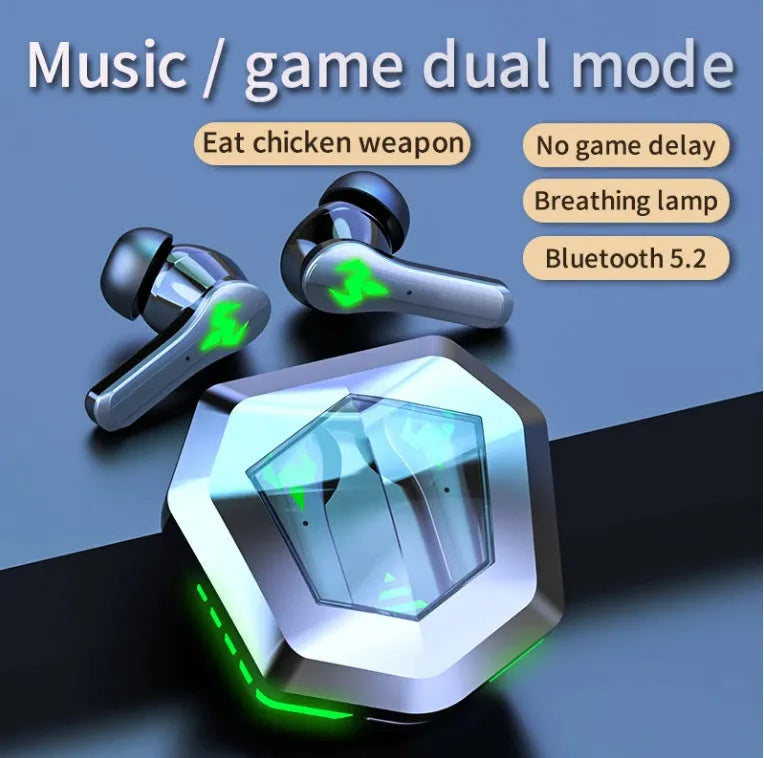 Black N35 wireless in-ear gaming Bluetooth headset shown with earplugs.