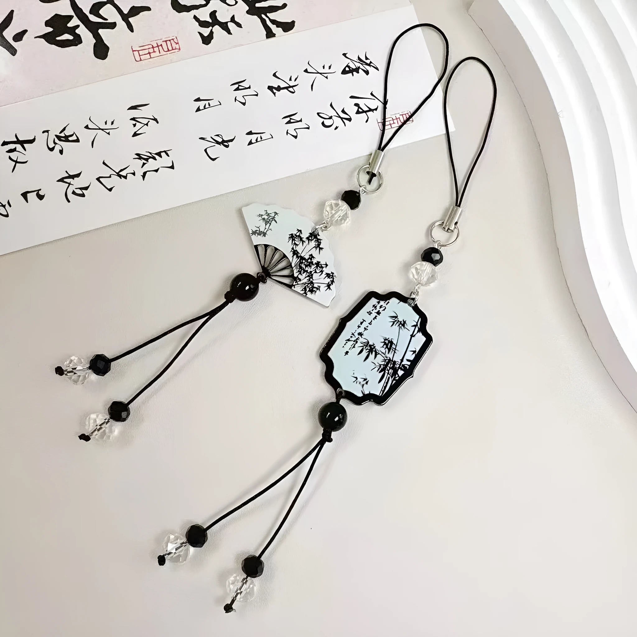 Guofeng Chinese style beaded keychain with detailed plant and flower pattern in Fan or Poetry colour.