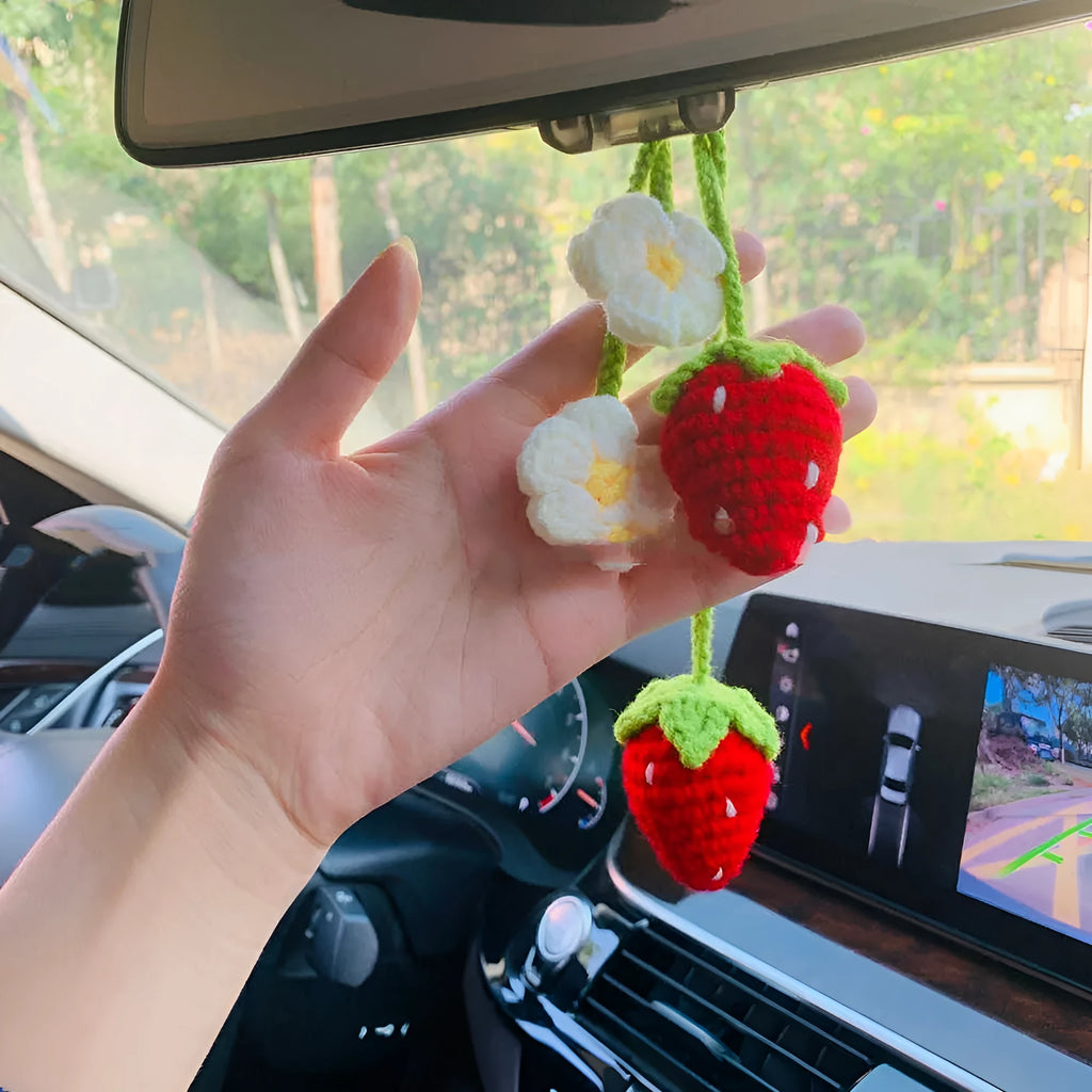 Handmade knitted strawberry car pendant decoration in cotton and hemp