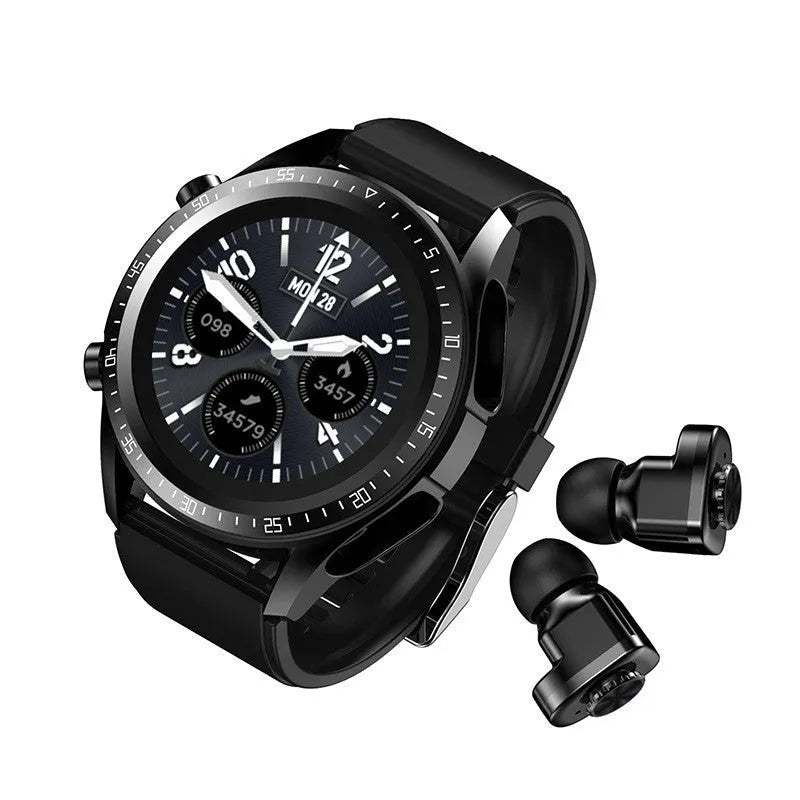 Black smartwatch with blood pressure monitoring on silicone strap showing health metrics on screen