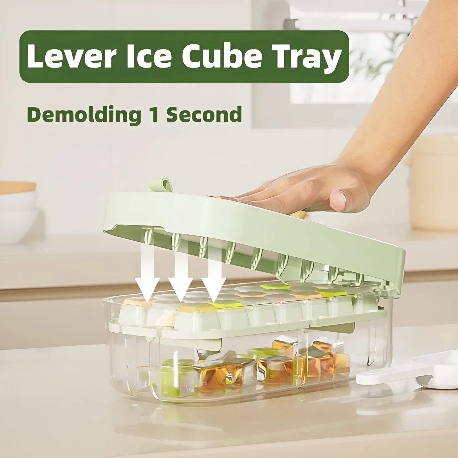 High capacity blue ice cube tray with ice grid and attached storage for the included shovel.