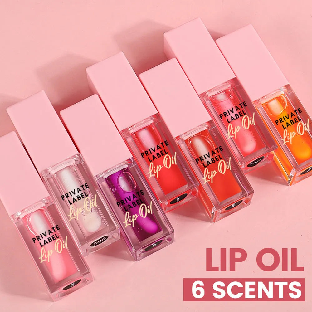 Women's transparent lip gloss in six fruity shades showing Coral and Watermelon colours, 6ML size