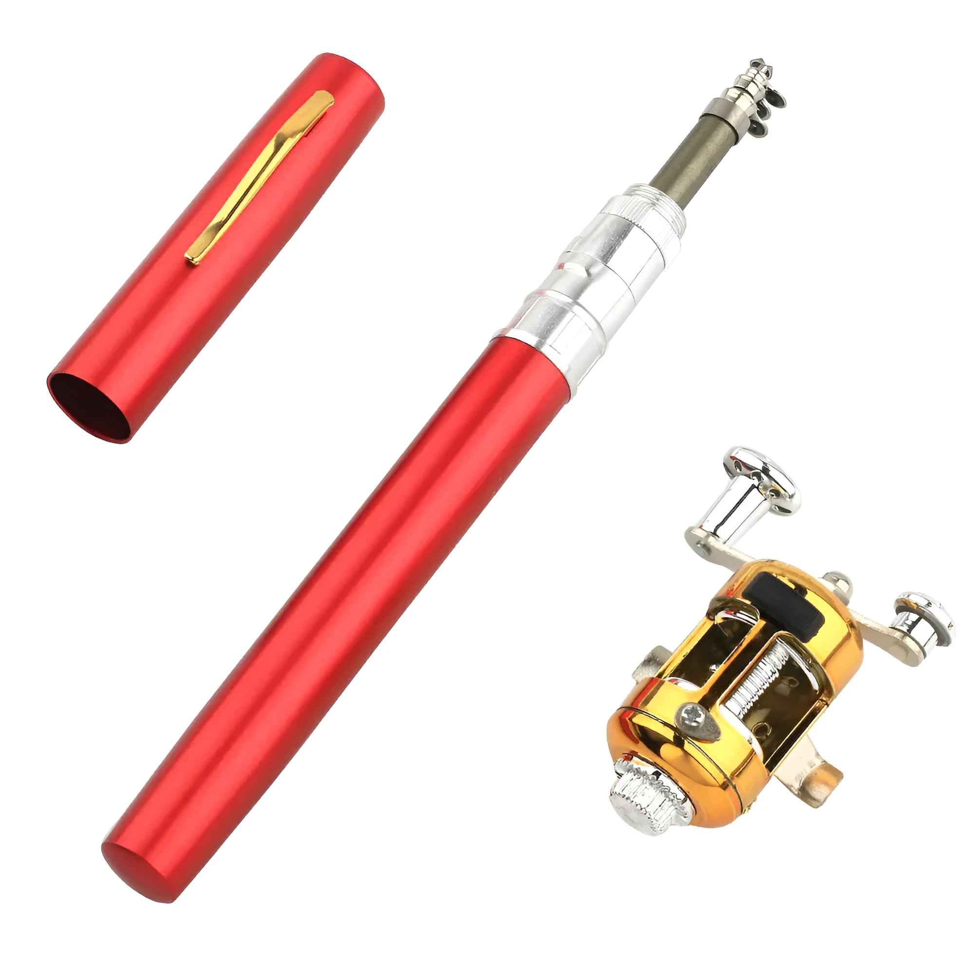 Portable telescopic pen fishing rod kit extended to 1m and collapsed next to its aluminium case.