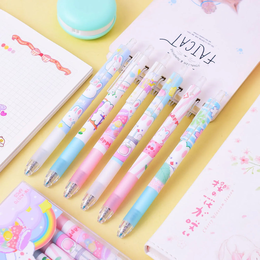 Six bunny cartoon design black ink pens with 0.5mm tips in packaging