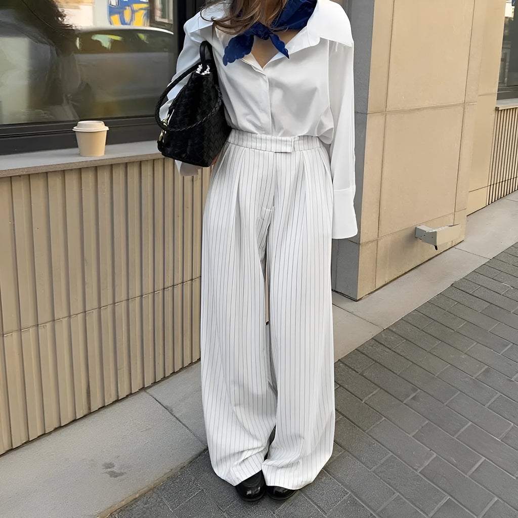 Women's white striped wide-leg loose fit trousers with front zip for commuting office wear