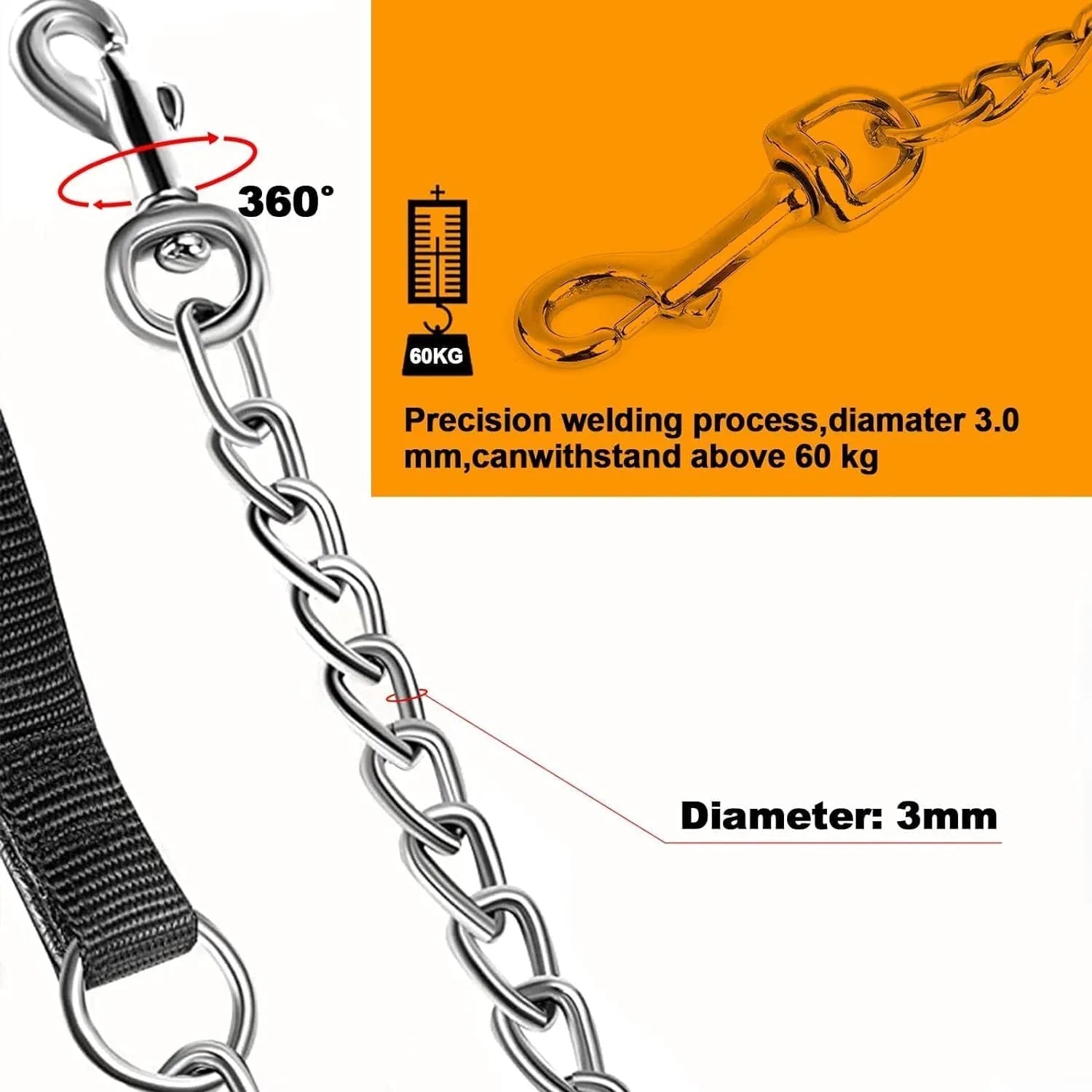Heavy duty metal chain dog leash with a soft black padded handle, shown in red blue and black colours.