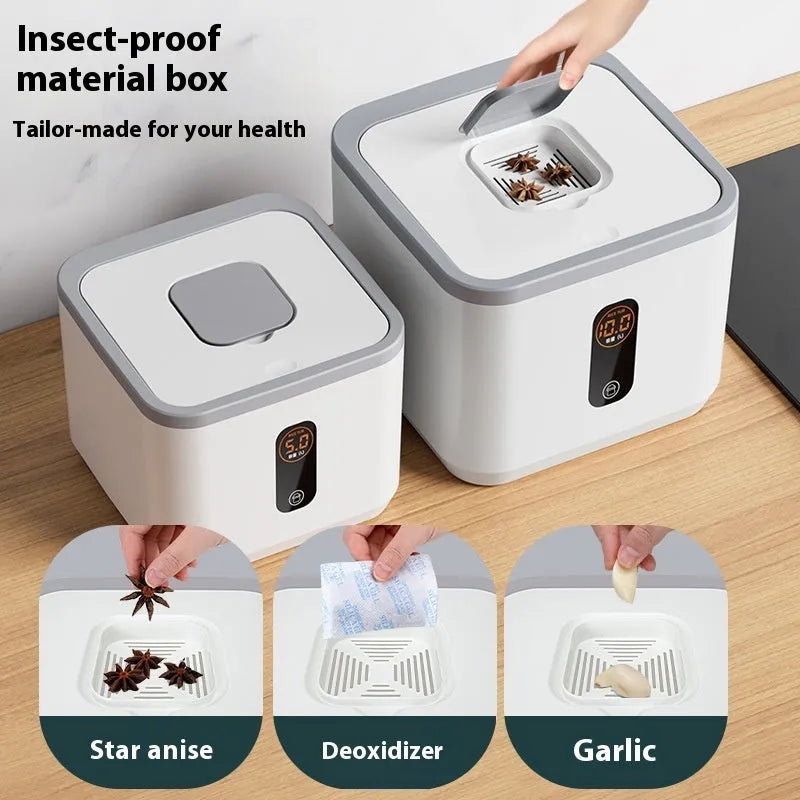 Grey plastic insect-proof rice storage jar with a measuring cup, shown in different size options.