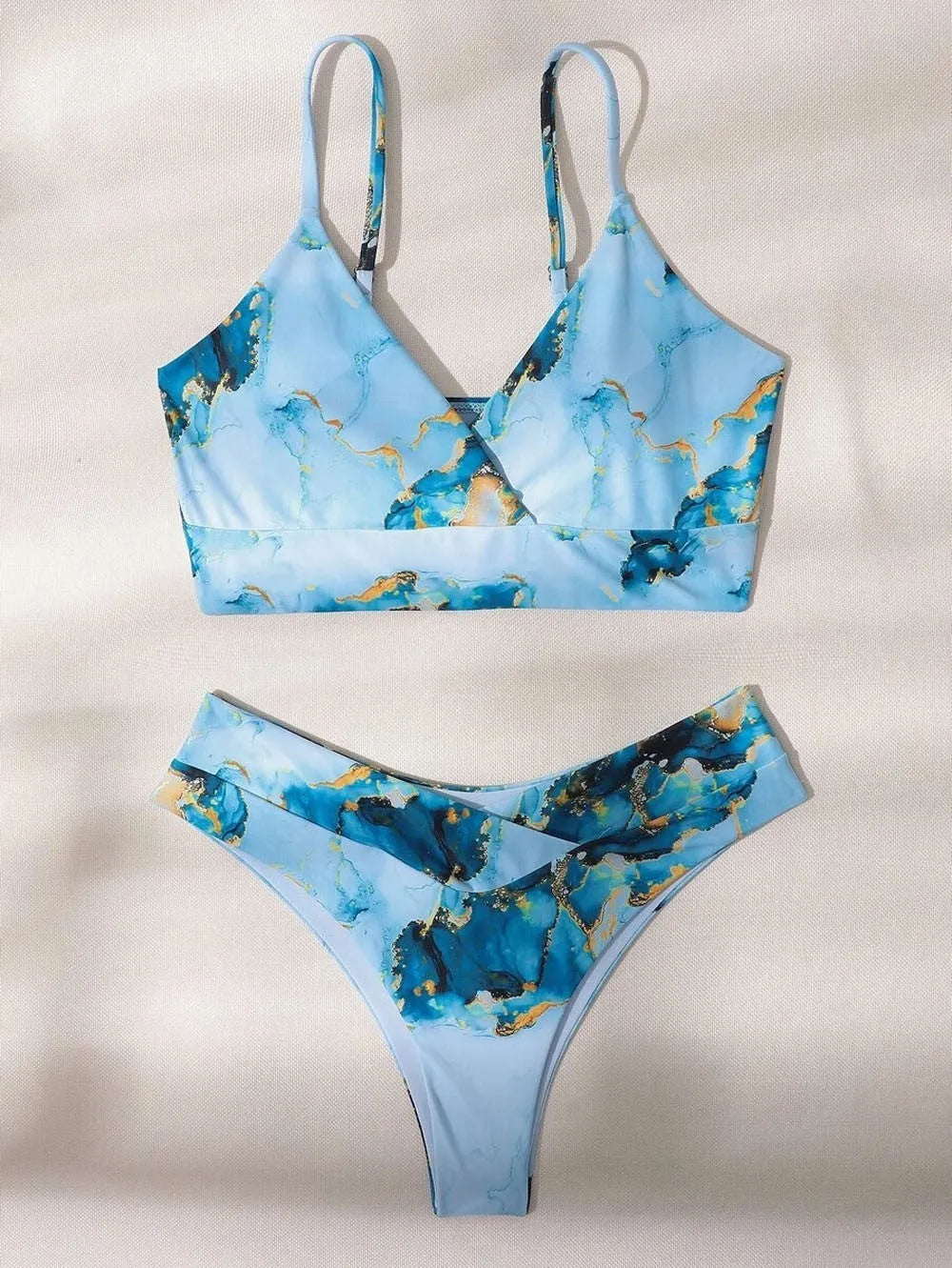 Women's marble tie-dye high waist bikini set with U-neck top for swimming