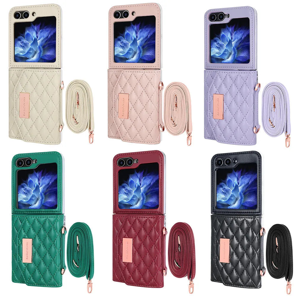 Fashion lanyard phone cover for Samsung Z Flip4 Flip5 Flip6 in purple with crossbody strap and card slot